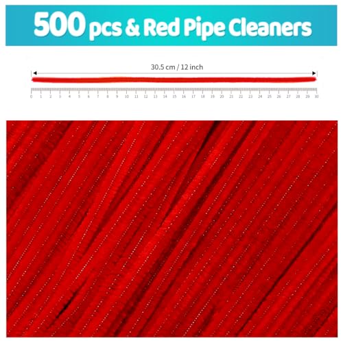 Image of Iooleem 500pcs Red Pipe Cleaners Bulk for Crafts | Chenille Stems for DIY Flower Making & Festival Decor & Party Projects, Pipe Cleaner Crafts, Art and Craft Supplies