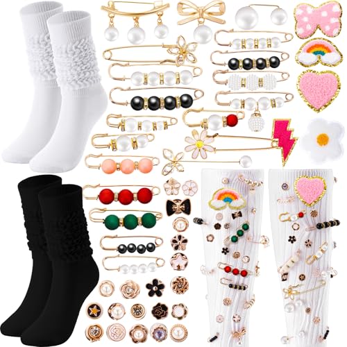 47 Pcs DIY Charms with Socks 2 Slouchy Socks 45 Gold Pear Pins Jewelry Charms for DIY Shoes Hat Clothing
