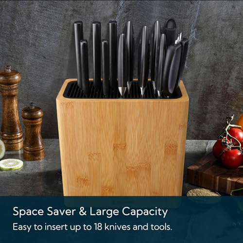 Image of KITCHENDAO XL Bamboo Universal Knife Block Holder with Slots for Scissors and Sharpening Rod, Safe, Space Saver Knives Storage Stand Display without Knives, Unique Slot Design to Protect Blade