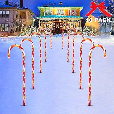 NSSTAR Christmas Pathway Lights,10pcs Outdoor Christmas Candy Cane Pathway Markers Warm White LED Christmas Lights for Holiday Decoration Cover