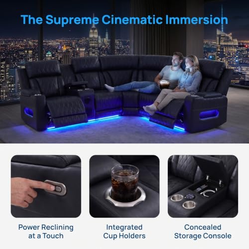 Image of Power Recliner Leather Sectional Sofa with Bass Speakers, Cup Holder Storage for Home Theater