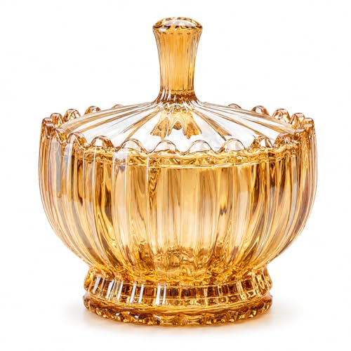 FUTYA Vintage Amber Glass Candy Dish with Lid, 37.2 Oz Decorative Sugar Bowl for Sugar Cubes, Snacks, Nuts, Coffee Bar