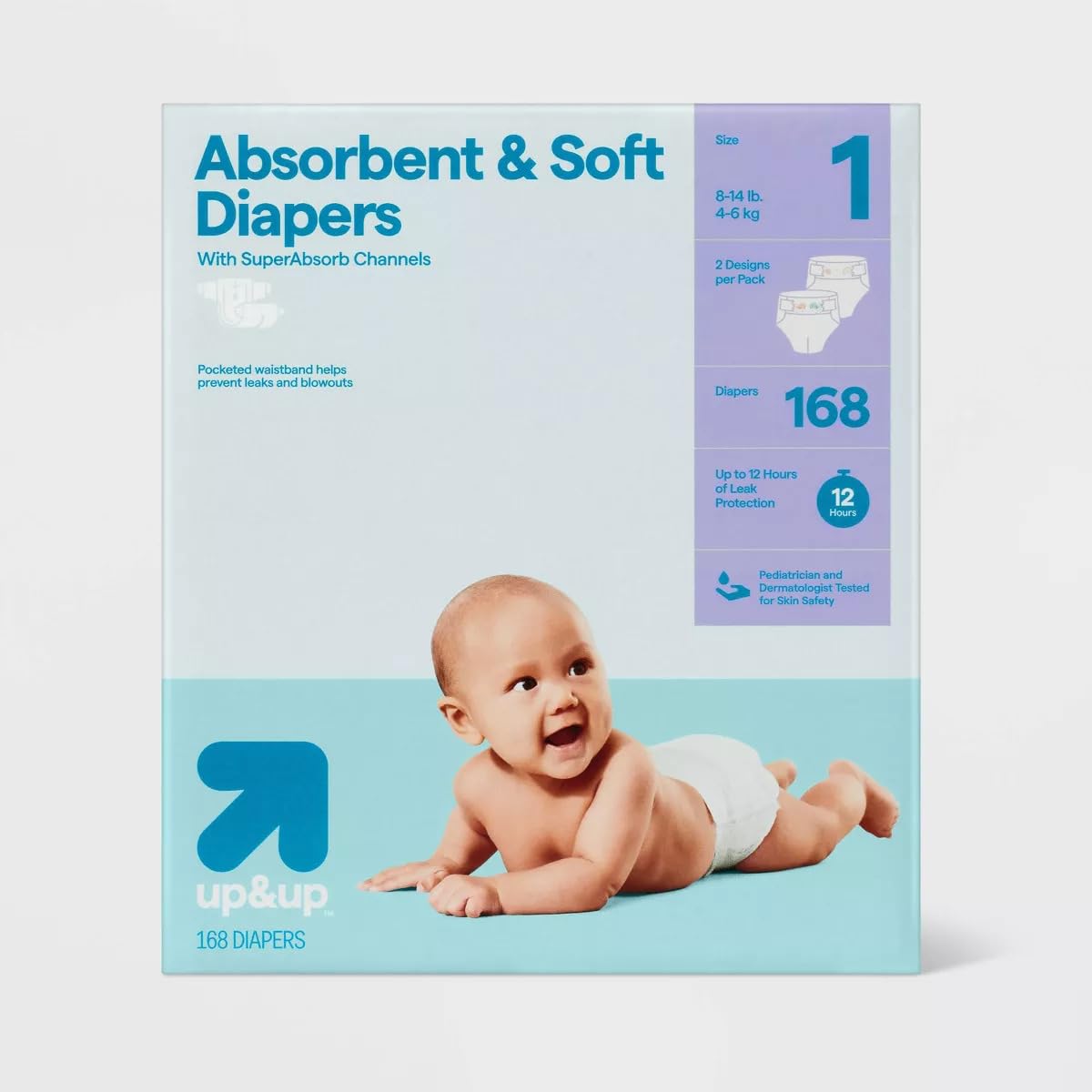Amazon.com: Up&Up Absorbent & Soft Diapers, Size 1 (8-14 lb), 168 Count,  SuperAbsorb Channels, 12 Hour Protection : Baby