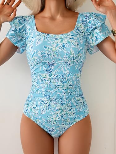 Image of Eomenie Women's Tummy Control One Piece Swimsuit Ruffle Square Neck Bathing Suit Ruched Cutout Back Slimming Swimwear
