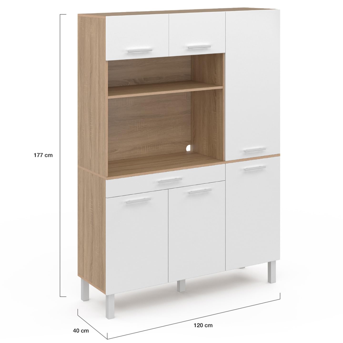 IDMarket - Aparador de cocina CINA con mueble de 120 CM, 6 puertas + cajón, acabado haya y blanco