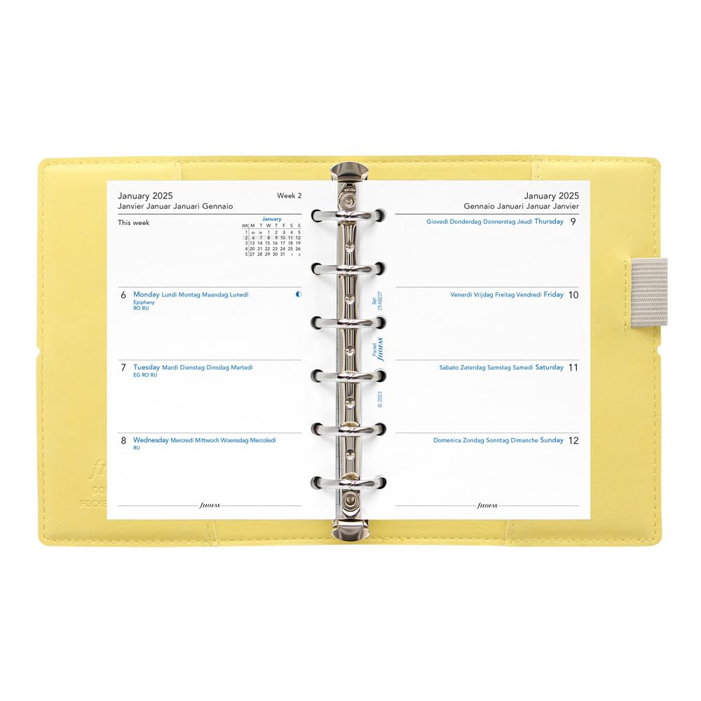 Filofax Domino C022610-25 - Agenda settimanale 2025, formato tascabile, formato tascabile, effetto pelle, effetto grana, tattile, con 6 anelli, visualizzazione settimanale, multilingue