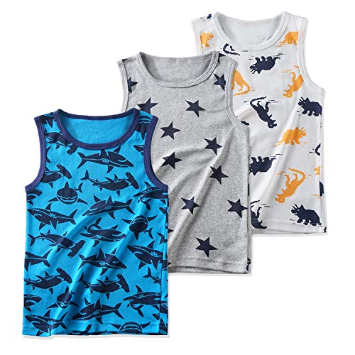 Evercute Baby Toddler Boys Tank Tops 3Pack 100% Cotton Dinosaurs Sharks Stars Sleeveless Shirts for Little Boys (4-5T)