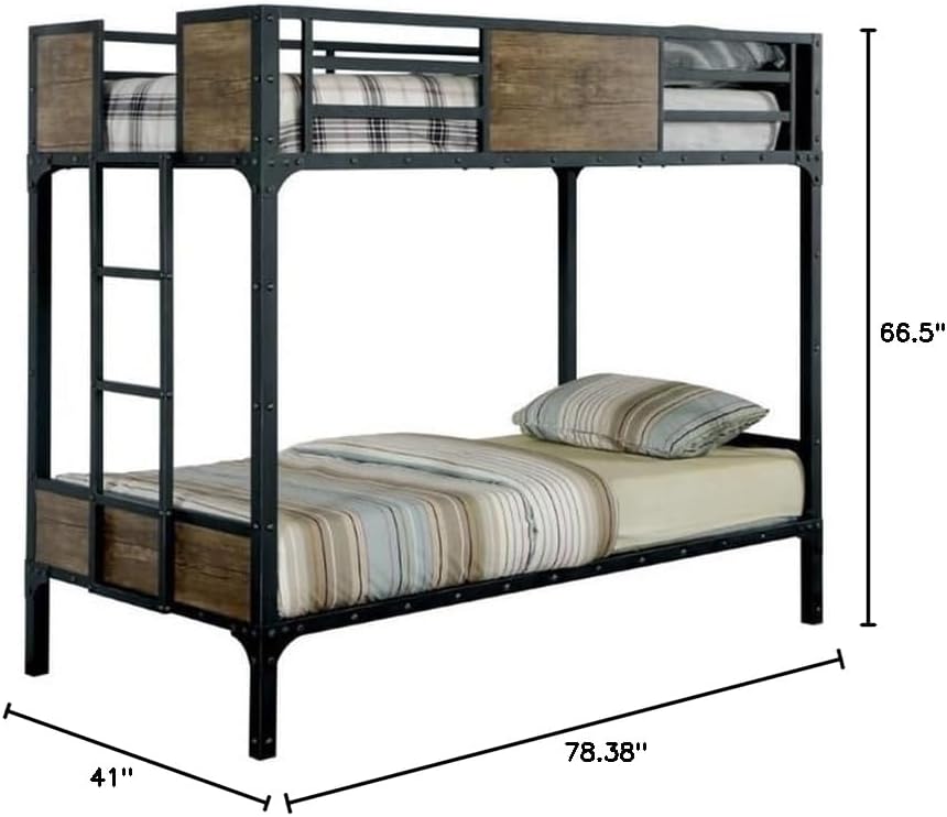 Bowery Hill Modern Steel Metal/Wood Twin Over Twin Bunk Bed, Black Finish, 66.5"H x 78.38"W x 41"D, Attached Ladder, Wood Panel Accents, Top Bunk Safety Railing, Durable Space-Saving Bed for Kids or