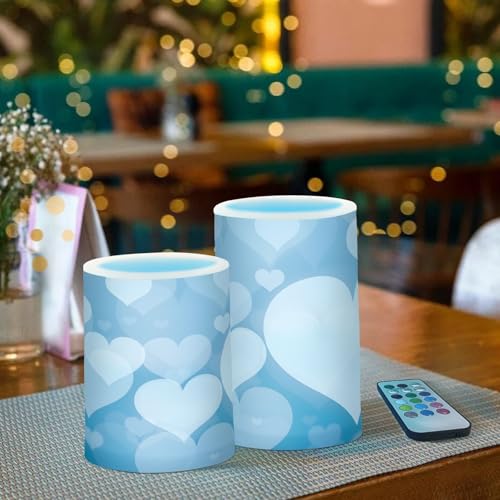 Image of Valentines Lights Flameless Candles Blue Abstract Heart Pillar Candles Set of 2 Battery Operated Remote Control Warm Lights Home Decor