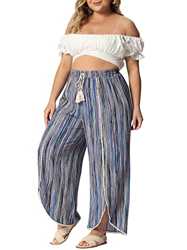 Agnes Orinda Plus Size Pant for Women Split Elastic Waist Flowy Striped Wide Leg Pants2