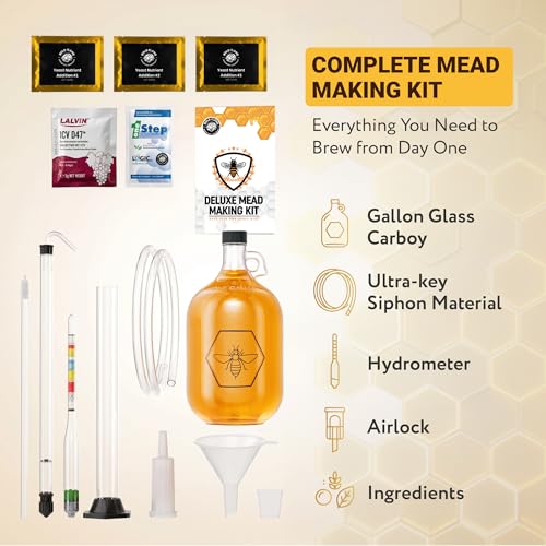 Image of Complete Mead Making Kit for Beginners with Premium Yeast and Ingredients - Home Brewing Starter Kit - Includes 1 Gallon Carboy - Alcohol Hydrometer - Auto Siphon - Airlock - How to Guide