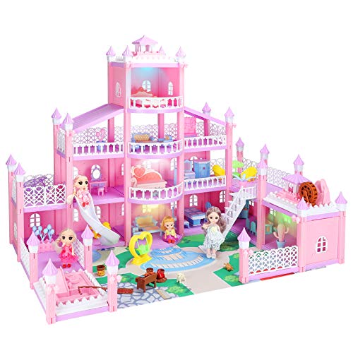 Dream House Doll House Kit, DollHouse with LED Lights , 4 Floors with 3 Dolls/Doll Accessories /Pets/Furnitures DIY Pretend Play Large Doll House Building Toys Playset House, Gift for Girls Toddlers