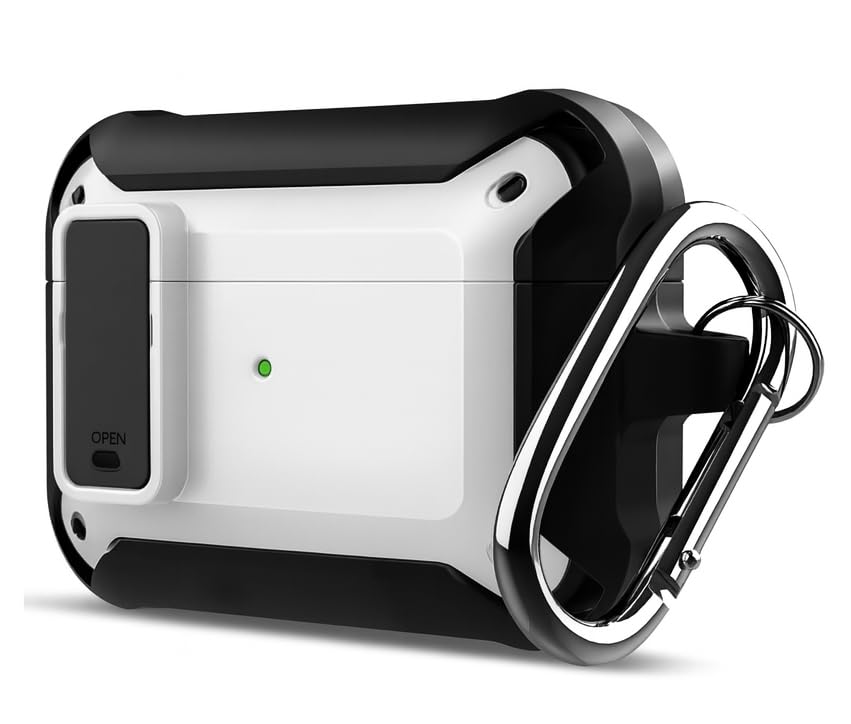 Image of Hybrid Lock Armor Case Cover for Apple Airpods Pro 3 (2025), Rugged, Shockproof, with Heavy Duty Carabiner (Armor White with Lock)