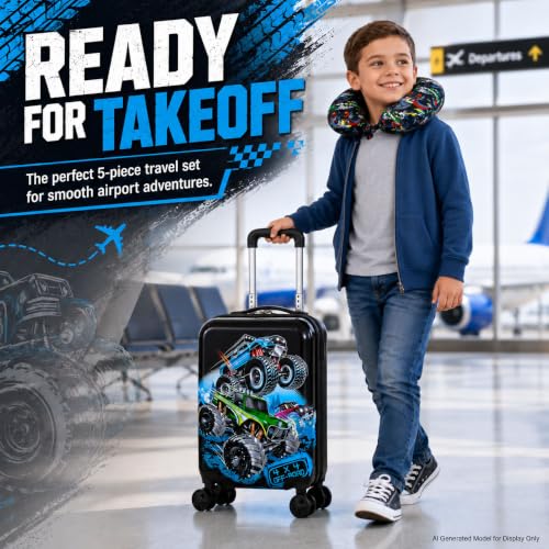 Image of CCJPX 5Pcs Kids Suitcase for Boys, 16 inch Travel Luggage Set with Spinner Wheels, Truck Hardside Carry on Toddler Rolling Suitcase Airline Approved (Black)