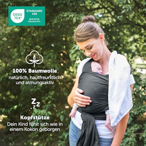 Laleni Tragetuch Baby neugeboren bis 15 kg aus weicher Baumwolle - Babytrage Neugeborene ab Geburt - OEKO-TEX zertifiziertes Tragetuch Kleinkind - Wickeltuch Baby mit 5,10 m Länge - Babytuch in Grau