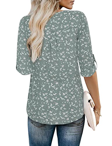 Youtalia Womens Blouse For Work, Women's Tops Cuffed Sleeve Blouses Elegant V Neck Shirt Chiffon Blouse Pleated Shirt Long Tunic Blouses For Women Dressy Floral Green Medium #TOP2
