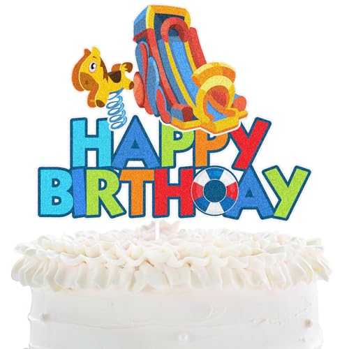 Water Slide Happy Birthday Cake Topper - Summer Fun Birthday Party Glitter Cake Topper - Splish Splash Water Slide Bash Birthday Party Decoration For Kids Boys Girls