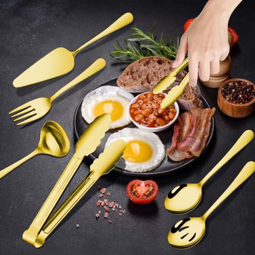 Gisly Gold 12 Pieces Serving Utensils Include Large Serving Spoons,Slotted Serving Spoons,Serving Forks,Serving Tongs,Appetizers Tongs,Soup Ladle and Pie Cake Server for Buffet Catering - Image 4
