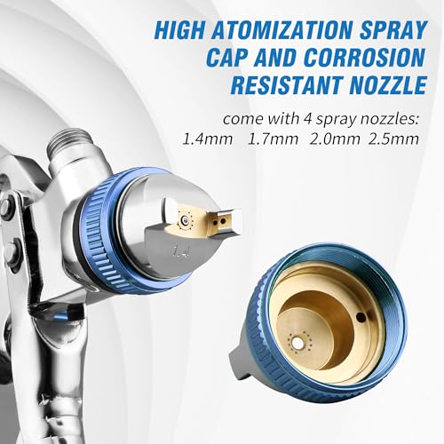 Image of HVLP Gravity Fed Air Spray Gun with 1.4 /1.7 /2.0 /2.5 mm Nozzles and 650cc Mixing Cups, Sprayer Paint Gun for Automotive Refinishing and Home Wall Finishing Applications (Blue)