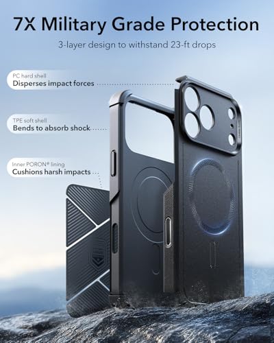 Image of ESR for iPhone 17 Pro Max Phone Case, 23ft Military-Grade Drop Protection, Shock-Absorbing Rugged Cover, MagSafe Accessories Compatible, Cyber Series, Black