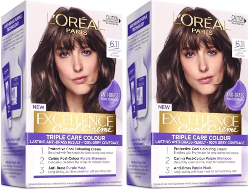 L'Oreal Paris Permanent Hair Dye, Strengthening & With Up To 100% Grey Coverage, Excellence Cool (Pack of 2)