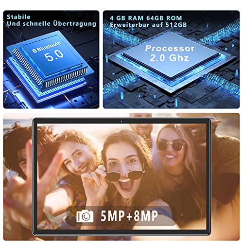 Tablet 10 Zoll mit Ultraschnell 5G WiFi, 2.0 GHz 8 Cores Android 11 Tablet mit Tastatur/Maus & Schutzhülle, 4 GB RAM, 64 GB ROM, Erweiterbar bis 1 TB, Bluetooth 5.0, 8000 mAh Akku, 5 MP+8 MP, Grau – Bild 6