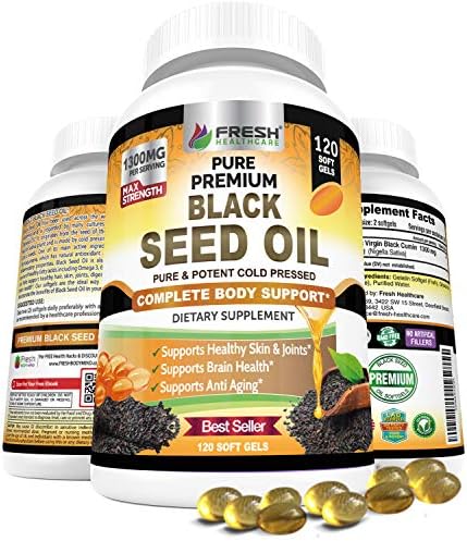 Black Seed Oil Capsules Cold Pressed 1300mg Per Serving, 100% Pure & Premium Non-GMO Nigella Sativa Black Cumin Seed Oil, Supports Immune System, Joint & Skin Health - 120 Capsules
