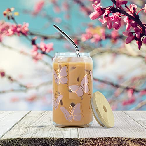 Iced Coffee Cup with Bamboo Lids and Straws | 16 oz Mason Jar Cups & Iced Coffee Tumbler with Lid and Straw | Glass Cups for Iced Coffee, Boba Cup | Beer Can Glass & Smoothie Cup - Butterfly - Image 7