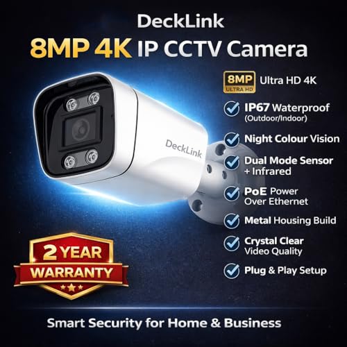 Image of DeckLink 8MP 4K IP CCTV Camera Full Setup, 4 Dome and 4 Bullet Cameras, 10CH NVR, 2TB Surveillance HDD, 1000Mbps PoE Switch and All Accessories
