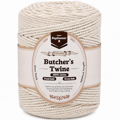 Rophomor Thick Butcher's Twine,100% Cotton,500 Feet,2mm, Food Safe,Oven Safe, Kitchen Cooking String for Meat and Poultry