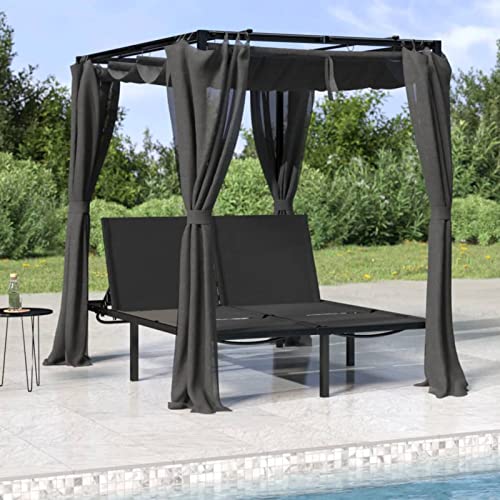 Snsowed Tumbona Doble con Cortinas Laterales y toldo Gris Antracita, Tumbonas Jardin Exterior, Tumbona Piscina, Sun Lounger, Tumbonas De Jardin, Cama Jardin Exterior, Tumbona De Playa