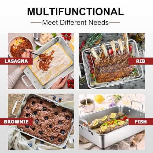 Roasting Pan with Rack for Turkey Chicken (7 Pcs), Joyfair Stainless Steel Roaster Pan Set, Deep Rectangular Lasagna Bakeware & Cooling Flat Rack/V-rack, Heavy Duty & Dishwasher Safe (Large)