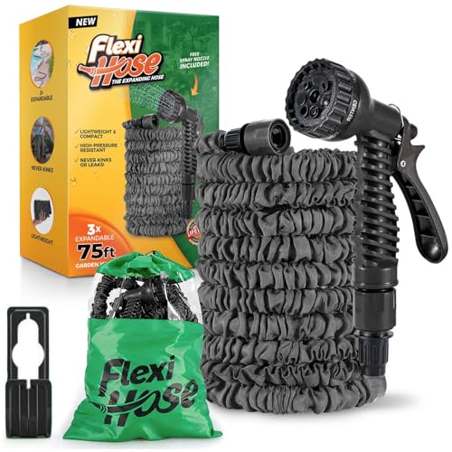 Flexi Hose Expandable Garden Hose - 75FT Heavy Duty Water Hose Retractable Hose with 3/4-Inch - Expandable Design & Spray Nozzle Included - Black 23 Metres