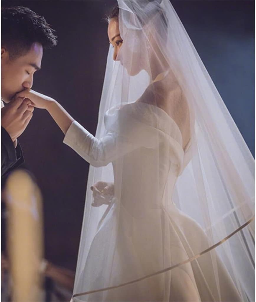 Ribbon Edge Wedding Veils Tulle Long Bridal Veil Two Layer Bridal Veil Long Bridal Party Veils Wedding Accessories(Ivory)
