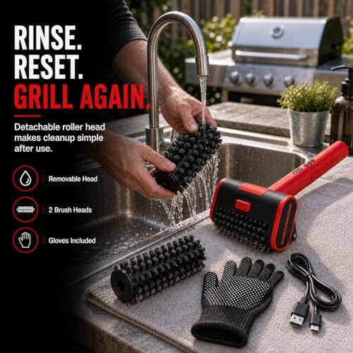 2026 Upgraded Electric Grill Brush, 3-Speed 1400–1800 RPM with LED Light, Rechargeable Electric BBQ Grill Cleaner, Anti-Shedding Brush Head, for Outdoor Grill, (Red) — view 6