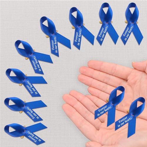 CRAFFANCY 100pcs Blue Ribbon Pins Prostate Cancer Awareness Badges Colon Cancer Brooch Memorial Ribbon Badges in Forever in Our Hearts for Funeral Mourning Event Bereavement Remembrance - Image 3