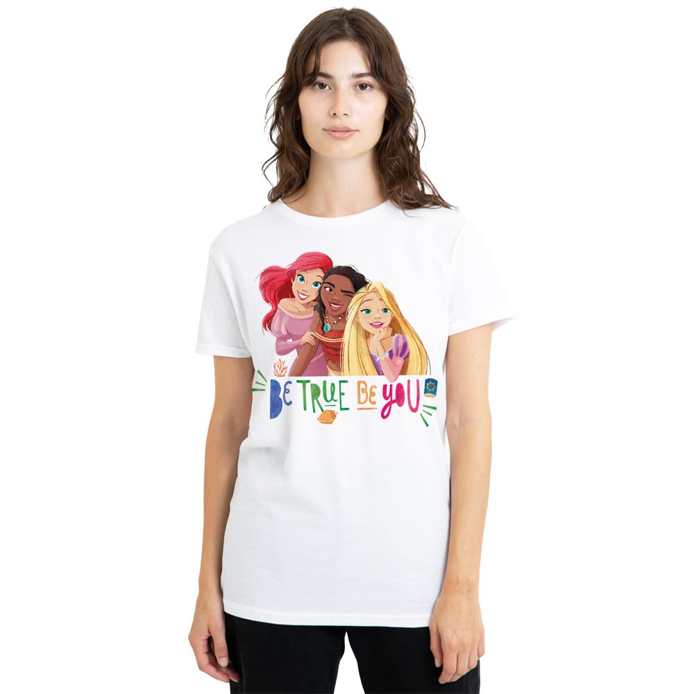 Disney Princess Be True, Be You Ariel, Moana, and Rapunzel Ladies T Shirt, White, Medium