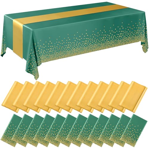 Image of Breling 24 Pack Green and Gold Disposable Plastic Tablecloths and Satin Table Runner Set, 54 x 108 Inch Tablecloth, 12 x 108 Inch Table Runners for Wedding Graduation Birthday Baby Shower New Year