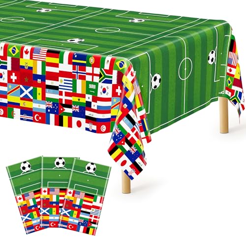 Image of 3 Pcs Soccer Tablecloths Plastic, Disposable Soccer Rectangle Table Cover 54 X 108 Inch, 2026 International World Flags Green Tableware Set Birthday Party Decorations for Sports Theme Party Supplies