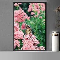 Framed Canvas Wall Art Butterfly Expressive Farmhouse/Country Home Office Insects Lake Multicolor Photography - 16x24 inches