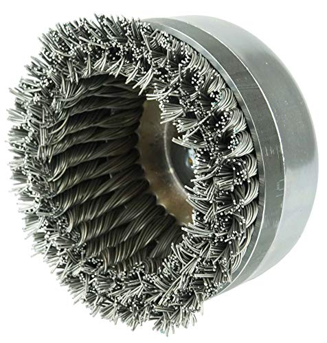 Image of Weiler 12676 6 inch Double Row Knot Wire Cup, Banded, .023 inch Steel Fill, 5 /8 inch-11 UNC Nut, Made in the USA