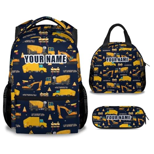 Personalized Truck Backpack with Lunch Box and Pencil Case Set, 3 in 1 Matching Boys Dark Blue Backpacks Combo, Cool Bookbag and Pencil Case Bundle