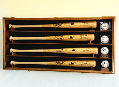4 Baseball Bat & Ball Cabinet Display Case Wall Mount Bat Rack Cube Display (Walnut Wood Finish)