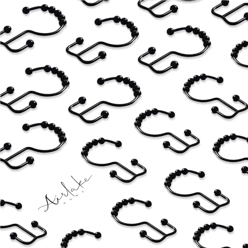 Airlake Matte Black Double Sided Metal Shower Curtain Hooks for Shower Curtain and Liner Sets, Stainless Steel, Rust Resistant, Rings for Shower Curtain Rods, Set of 12