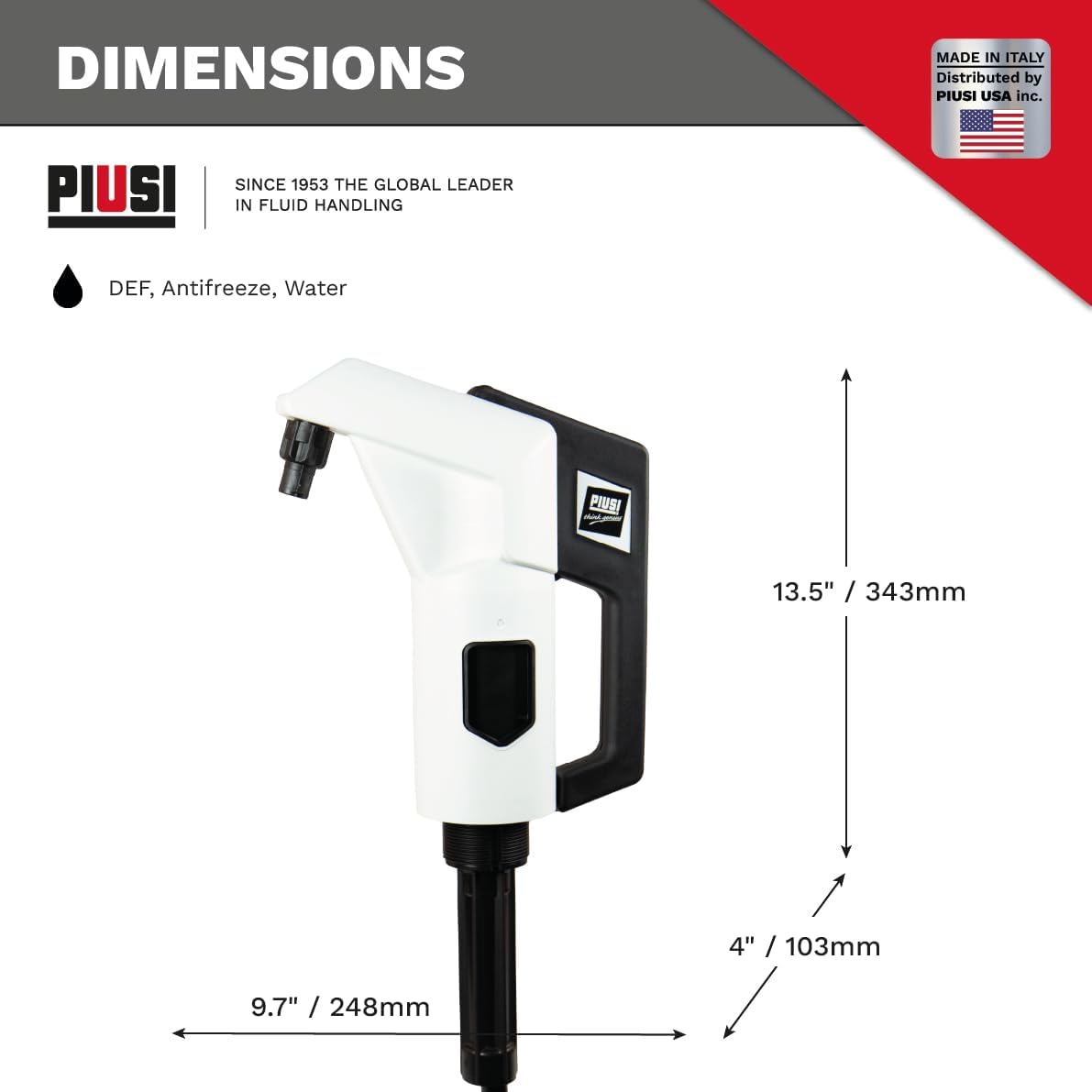 Piusi Suzzarablue DEF Piston Hand Pump with Suction Adapter for Drum Dispensing