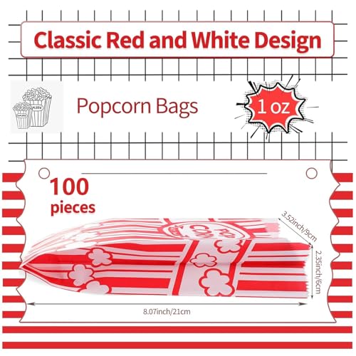 VOISEN 100 Pcs Paper Popcorn Bags,1oz Concession-Grade Bags, Pop Corn Bag Bulk for Kitchen Popcorn Machine Party Movie Theater, Carnival Party