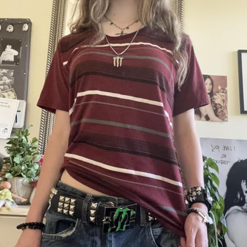 Image of Cute Striped Graphic Tees for Women Y2k Short Sleeve Preppy Teen Crop Tops