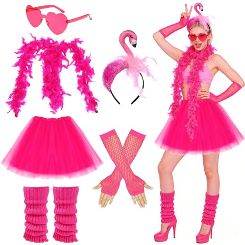 Capaneus Flamingo Kostüm Damen, Haarreif Flamingo, Tutu Rock Rosa, Accessoire Flamingo, Federboa Pink, Tropischer Kostüm für Erwachsene Damen...