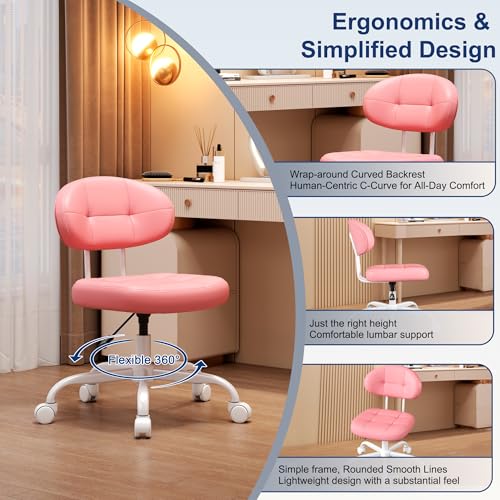 Image of Misolant Vanity Chair with Back, Small Armless Cute Office Chair with Wheels and Lumbar Support, Comfy PU Leather Desk Computer Chairs with Adjustable Height, 360Swivel for Home Bedroom Office, Pink