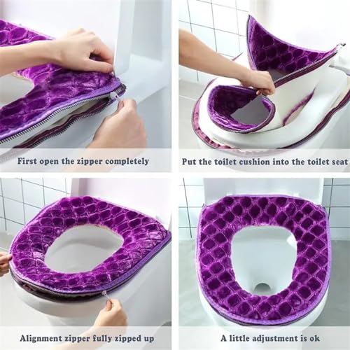 Cubierta de inodoro de felpa universal e impermeable con cremallera morada 7